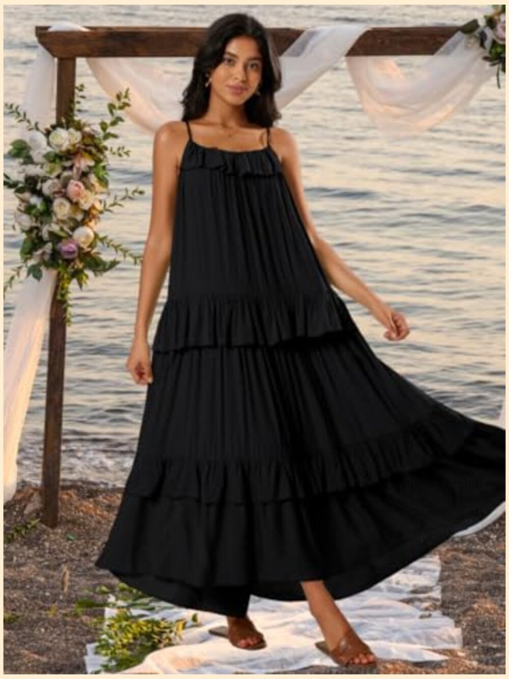 Tiered Ruffle Backless Spaghetti Strap Flowy Maxi Sundress Summer Beach - Picture 3 of 7